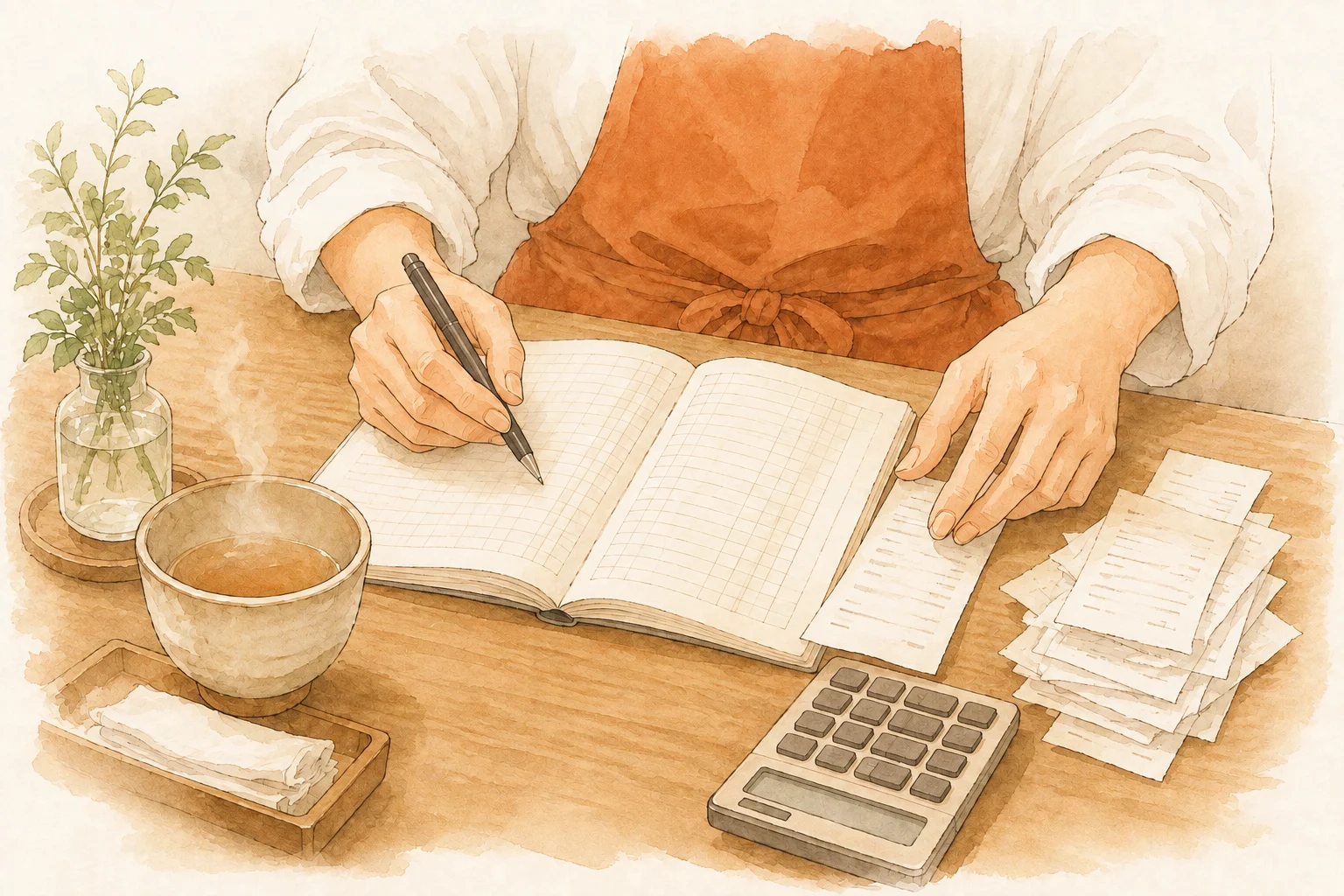 レジ精算表と帳簿を丁寧に確認する手元の水彩イラスト