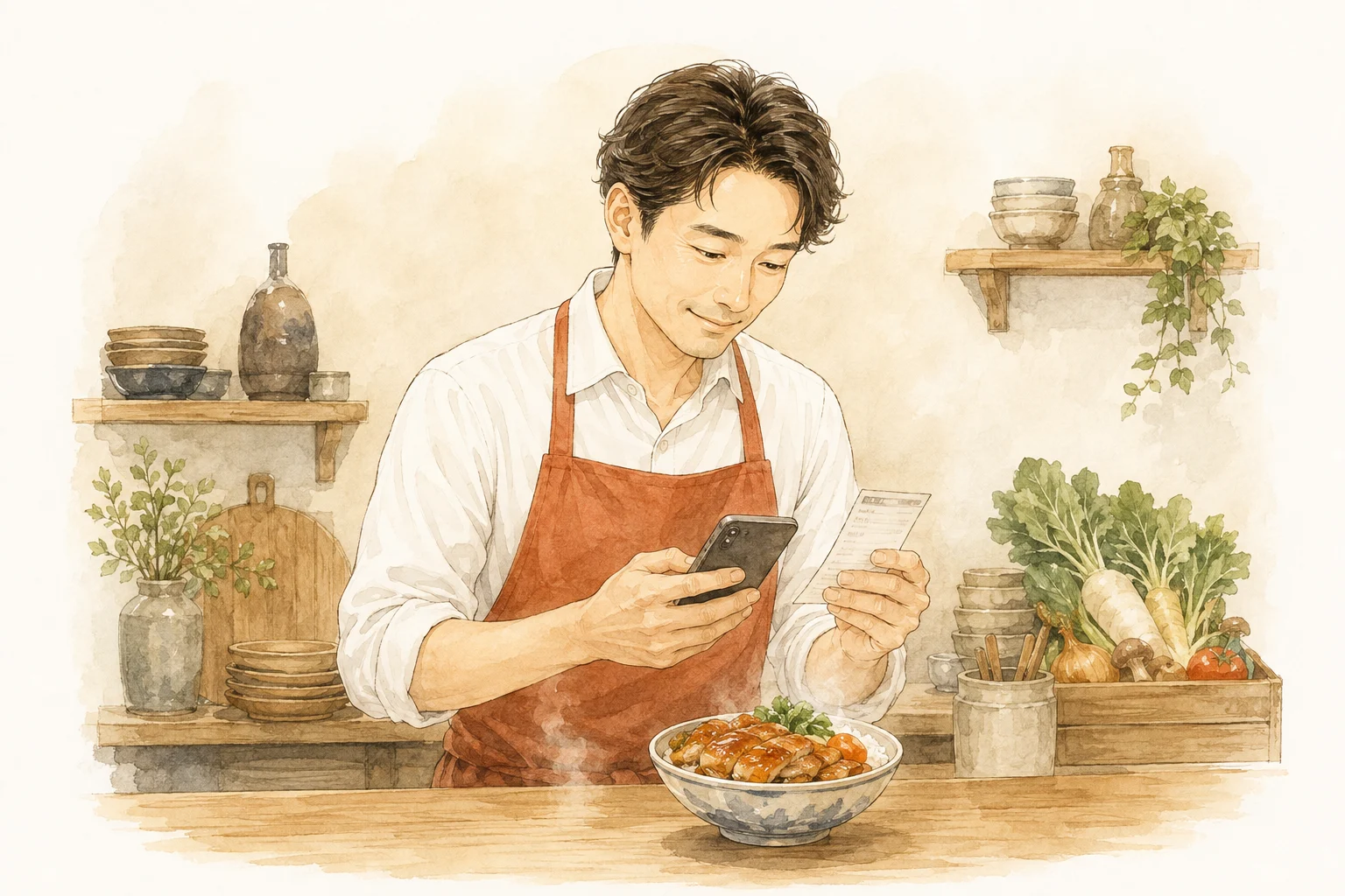 飲食店の店主がスマートフォンとレシートを確認する、温かな丼料理のある水彩イラスト
