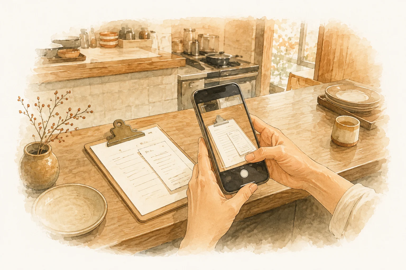 レジ精算表とレシートをスマートフォンで撮影する水彩イラスト