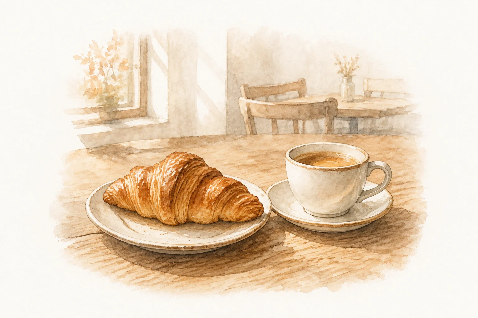 焼きたてのクロワッサンとコーヒーの水彩イラスト