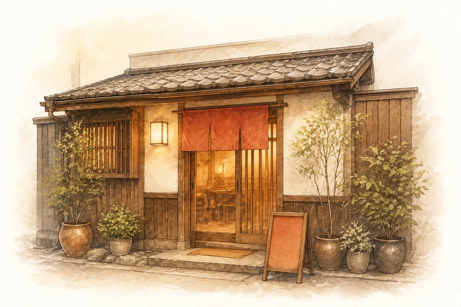 暖簾と木の引き戸がある個人経営の飲食店の水彩イラスト