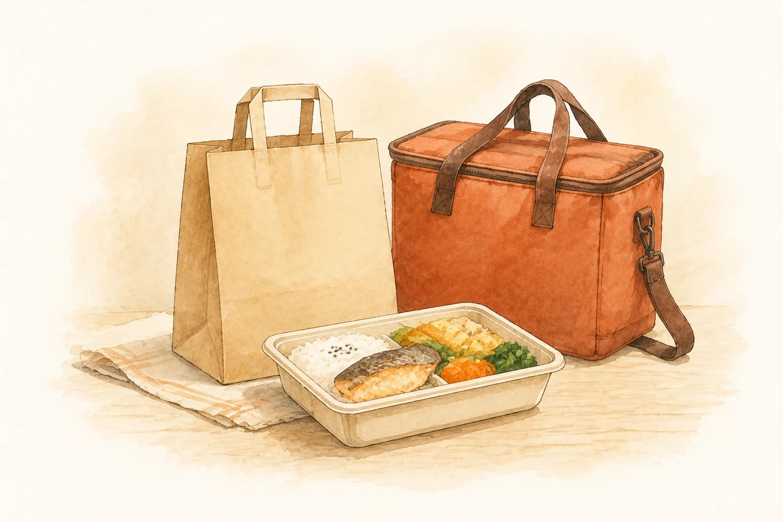 持ち帰り弁当と紙袋、デリバリーバッグの水彩イラスト